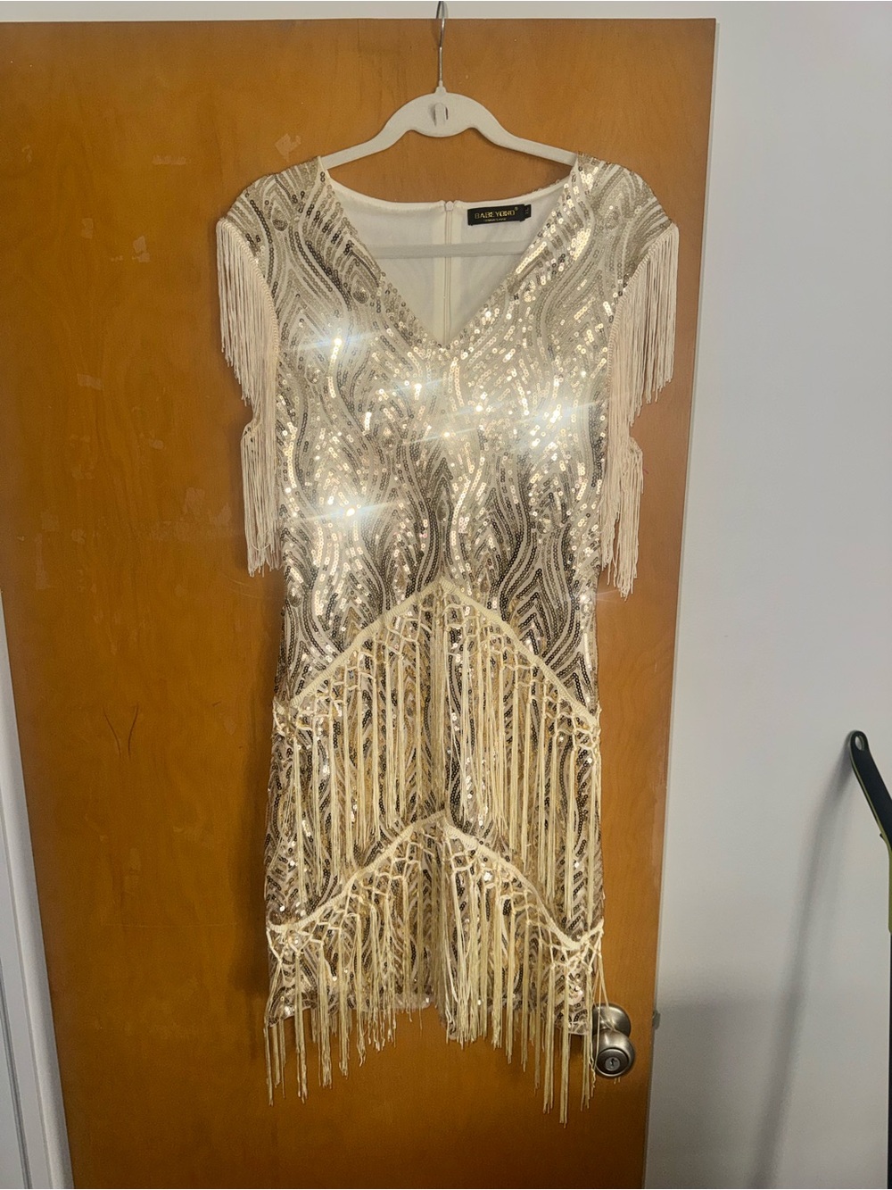 Sequin Fringe V-Neck Mini Dress - Ivory/Gold
